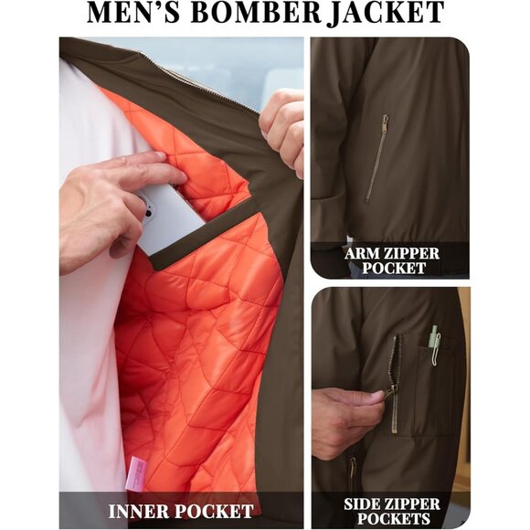 Tacvasen Men Coffee Bomber Winter Warm Padded Work Coat Casual Windproof Jacket - Picture 4 of 6